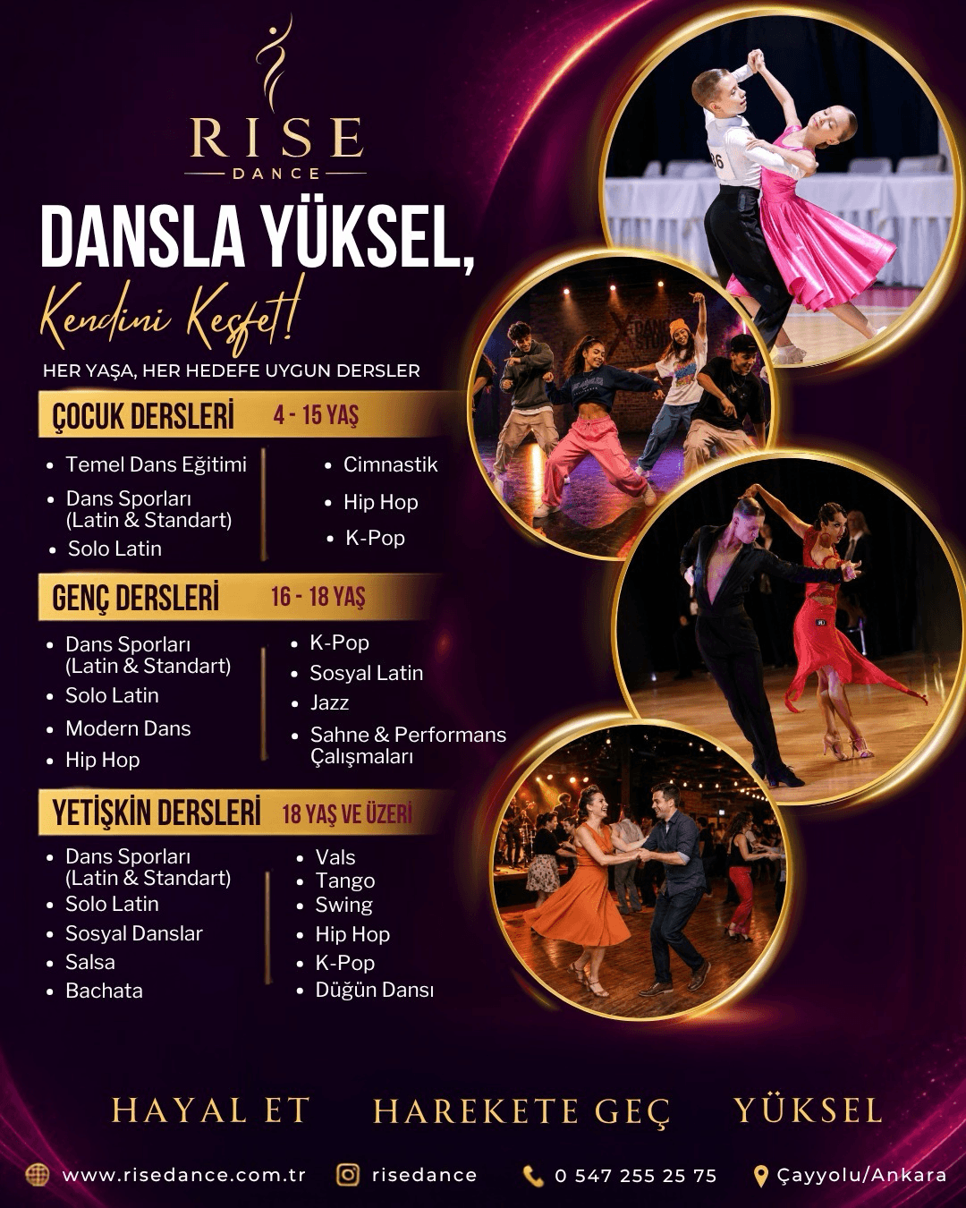 Rise Dance çocuk, genç ve yetişkin grupları için güncel ders programı afişi